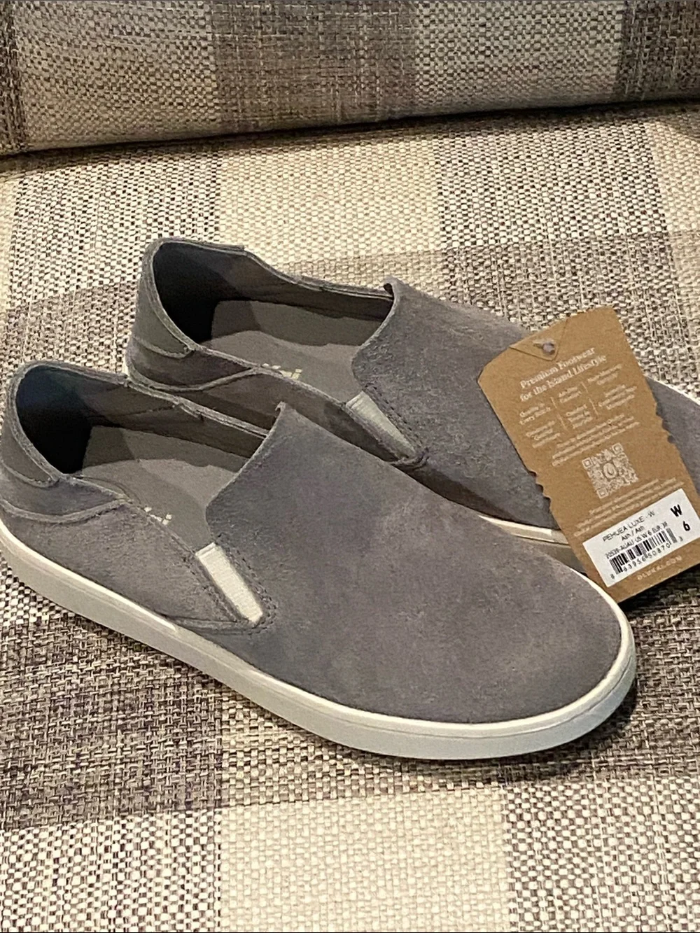 OluKai Women’s Slip-On Suede Loafers in Gray with White Sole